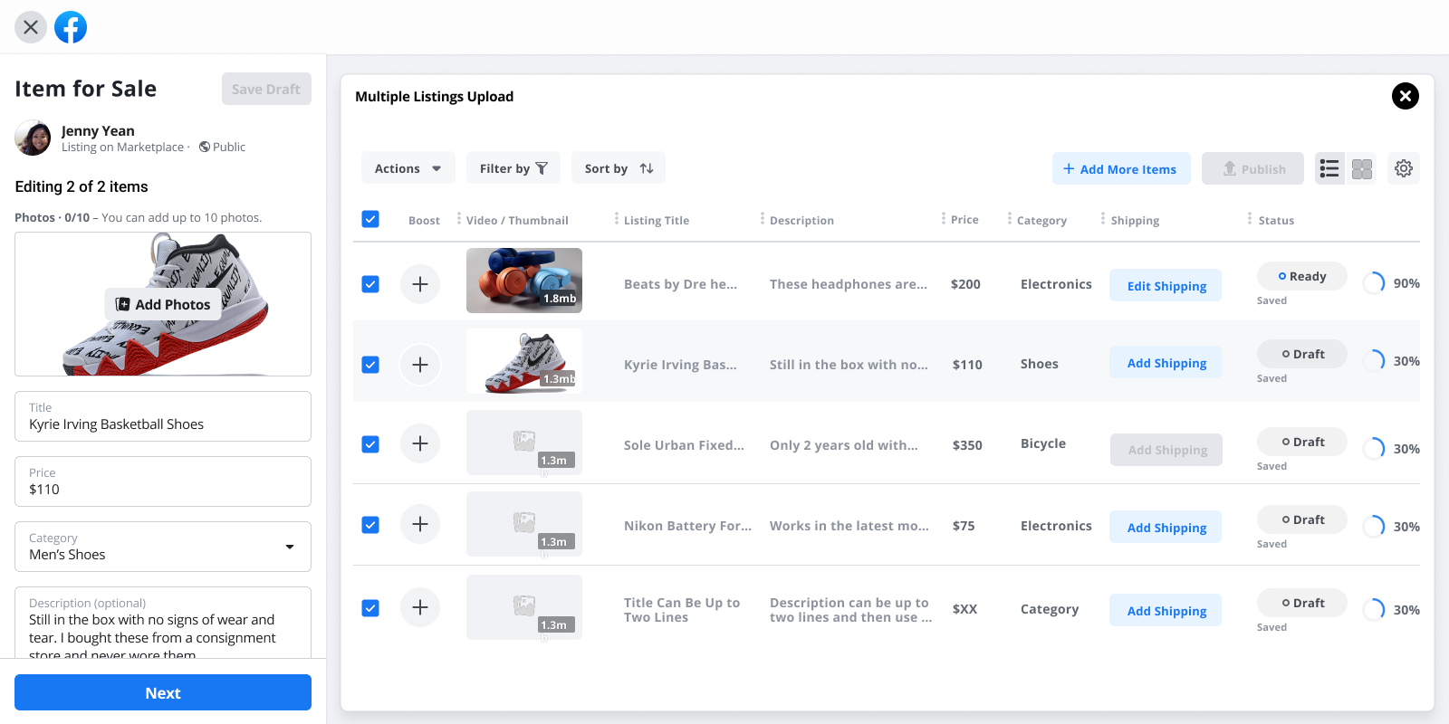 Facebook Marketplace Bulk Listings